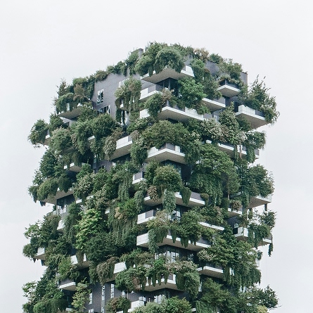 Ein Hochhaus, an dem zahlreiche Büsche wachsen, als Beispiel für Biophilic Design